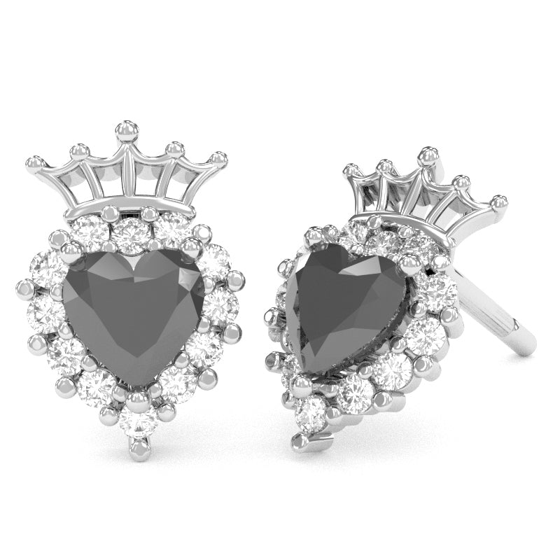 Black Onyx Diamond Claddagh Motive Stud Earrings in 14k White Gold