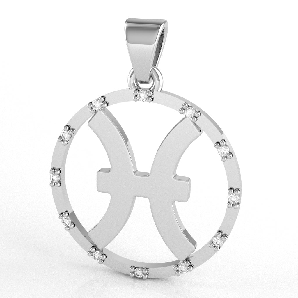 Pisces Zodiac Sign Diamond Bezel Pendant In Solid 14K White Gold
