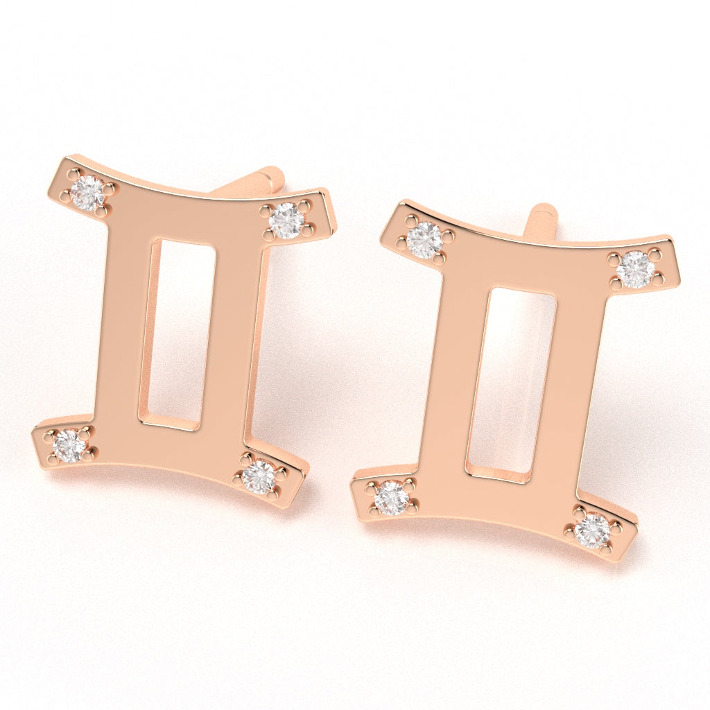Gemini Zodiac Sign Diamond Stud Earrings In Solid 10K Rose Gold