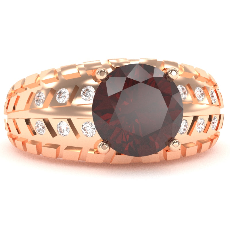 Men's Tire Tread Garnet Diamond Ring In Solid 14k Rose Gold