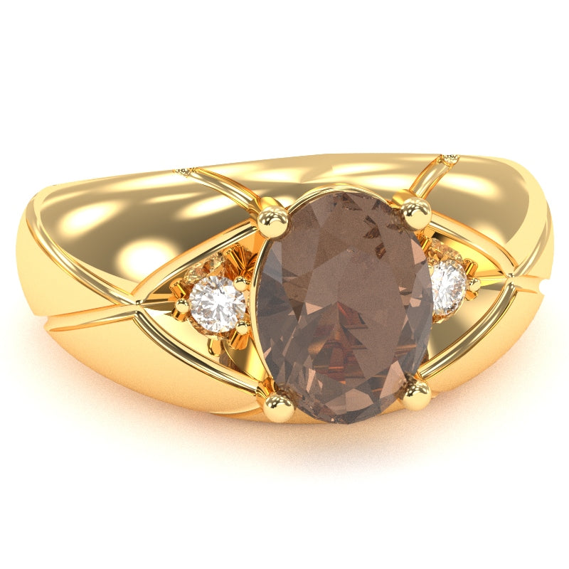 Men's Designer Smoky Quartz Diamond Ring In Solid 14k Yellow Gold