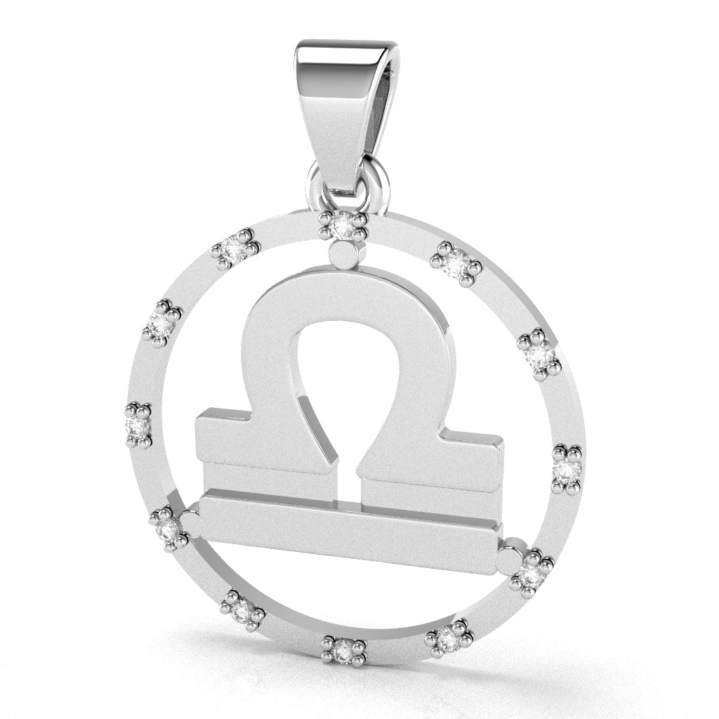 Libra Zodiac Sign Diamond Bezel Pendant In Solid 14K White Gold