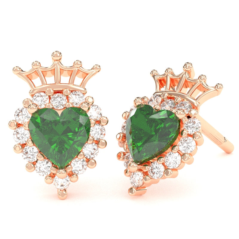 Lab-Created Emerald Diamond Claddagh Motive Stud Earrings in 14k Rose Gold