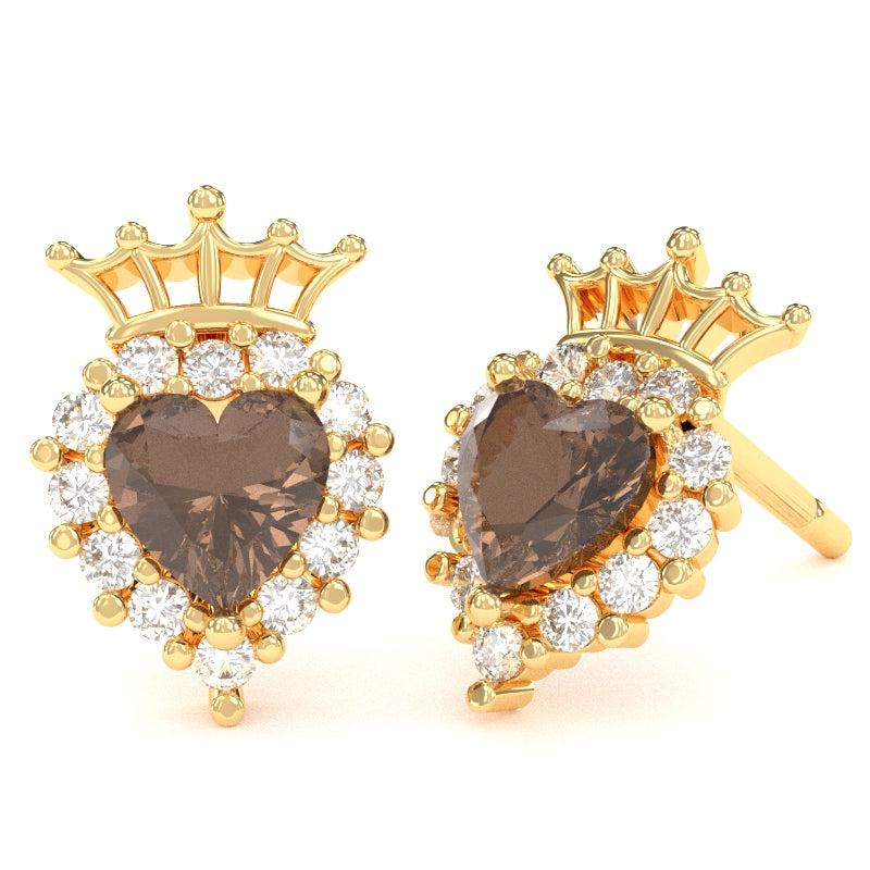 Smoky Quartz Diamond Claddagh Motive Stud Earrings in 14k Yellow Gold