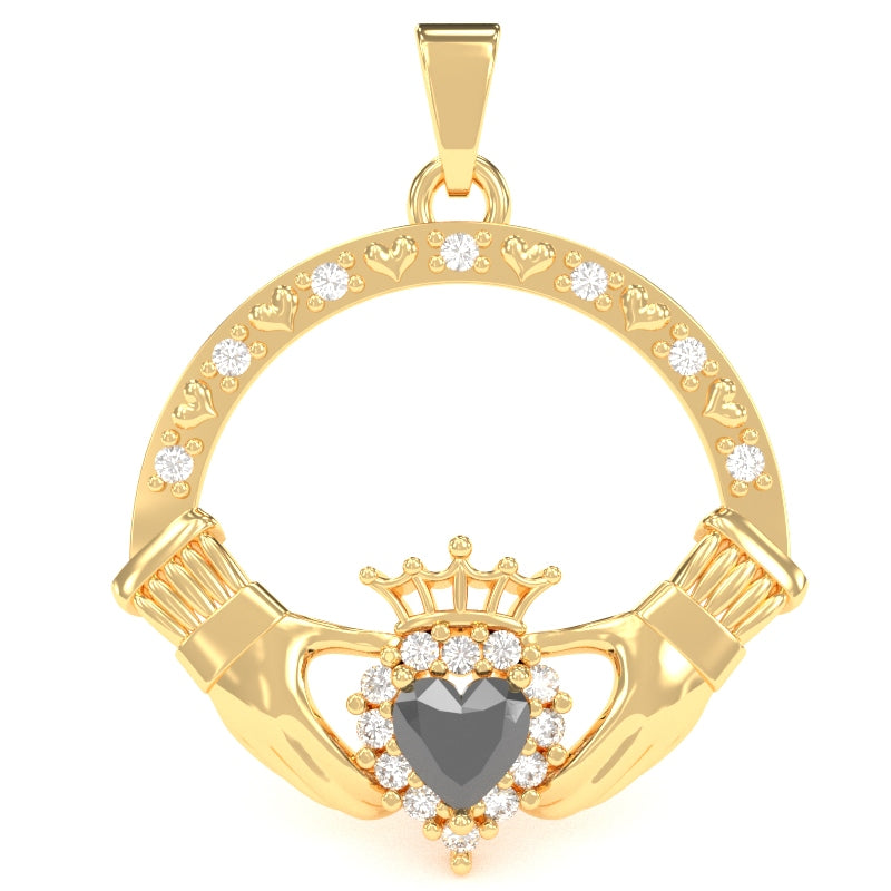 Black Onyx Diamond Claddagh  Pendant in 14k Yellow Gold