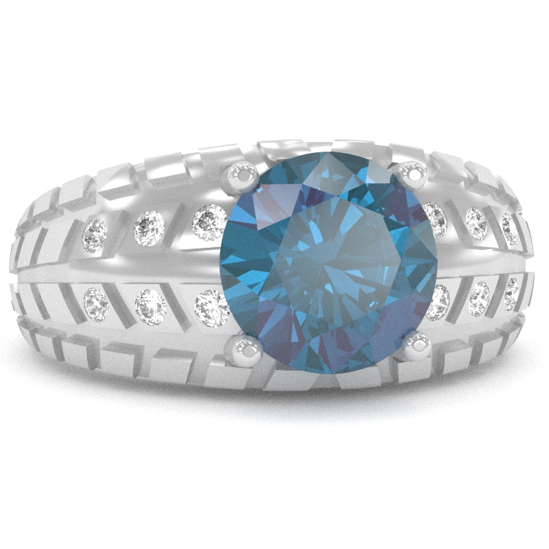 Men's Tire Tread Lab-Created Alexandrite Diamond Ring In Solid 14k White Gold