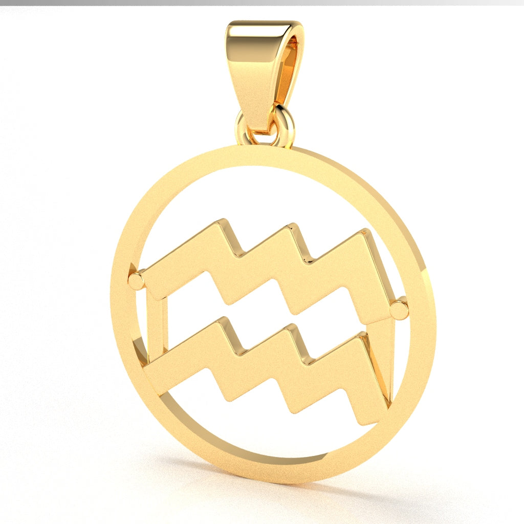 Aquarius Zodiac Sign Round Bezel Pendant In Solid 14K Yellow Gold