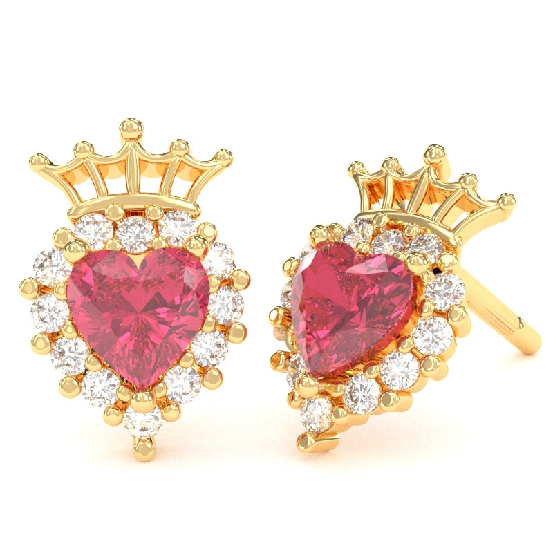 Pink Tourmaline Diamond Claddagh Motive Stud Earrings in 14k Yellow Gold