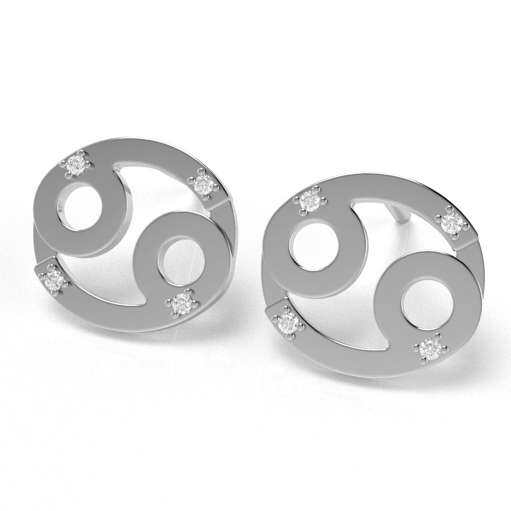Cancer Zodiac Sign Diamond Stud Earrings In Solid 14k White Gold