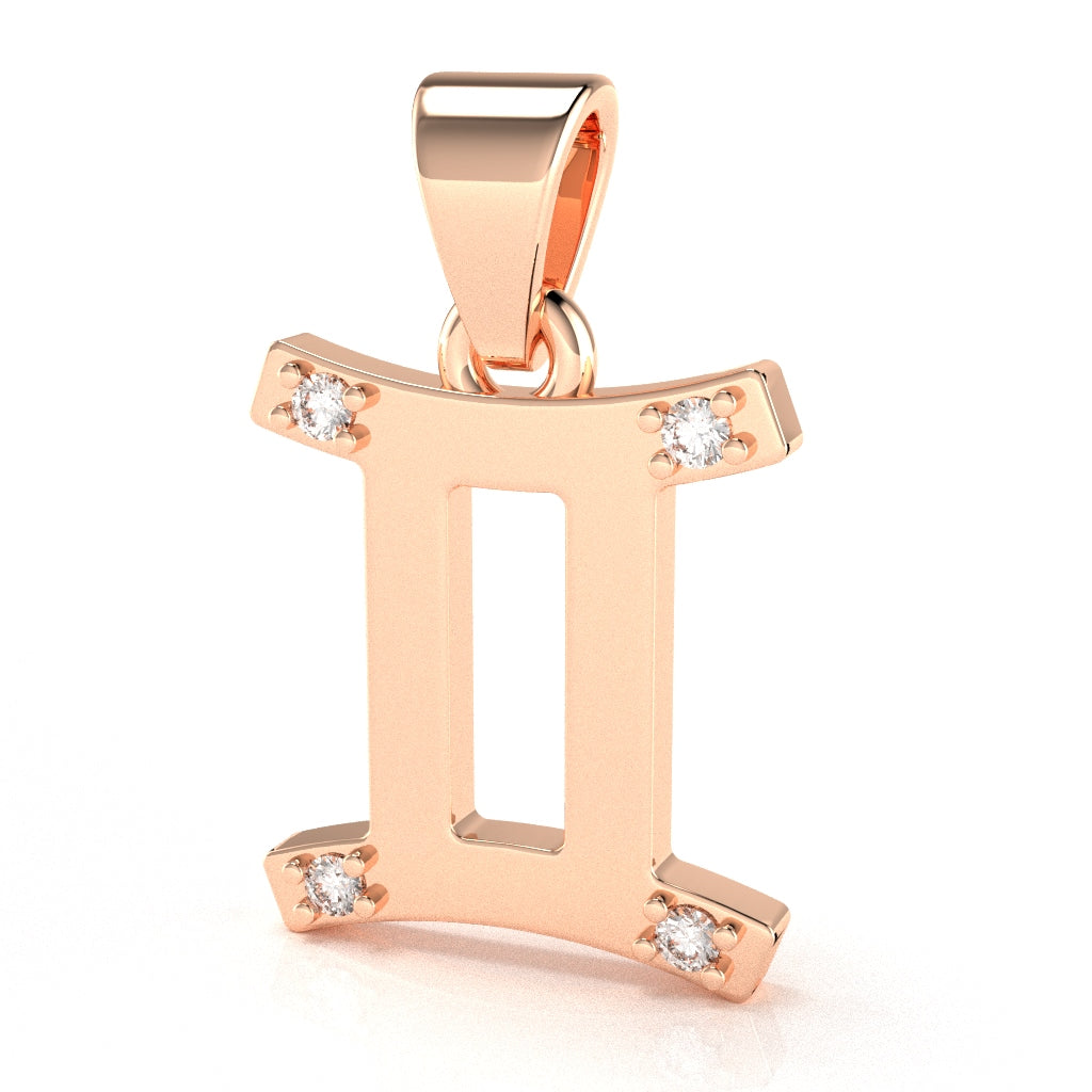 Gemini Zodiac Sign Diamond Pendant In Solid 10K Rose Gold