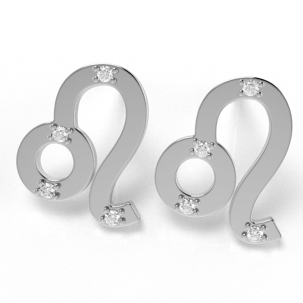 Leo Zodiac Sign Diamond Stud Earrings In Solid 14k White Gold