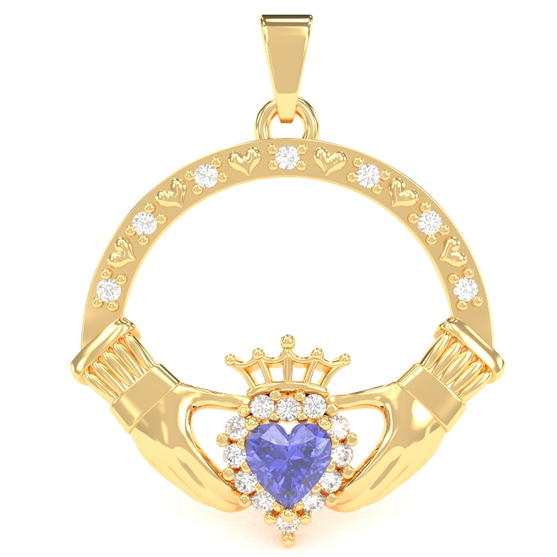 Tanzanite Diamond Claddagh  Pendant in 14k Yellow Gold