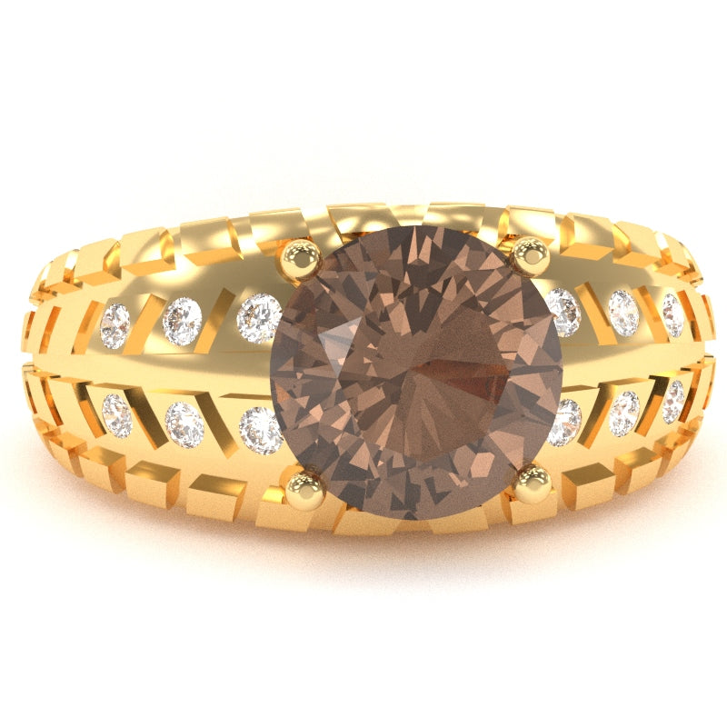 Men's Tire Tread Smoky Quartz Diamond Ring In Solid 14k Yellow Gold