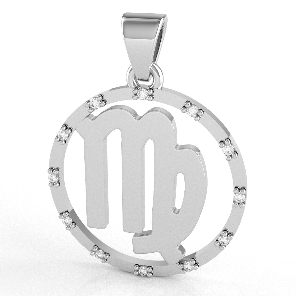 Virgo Zodiac Sign Diamond Bezel Pendant In Solid 14K White Gold