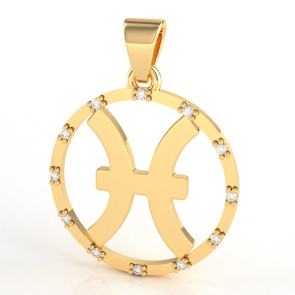 Pisces Zodiac Sign Diamond Bezel Pendant In Solid 14K Yellow Gold