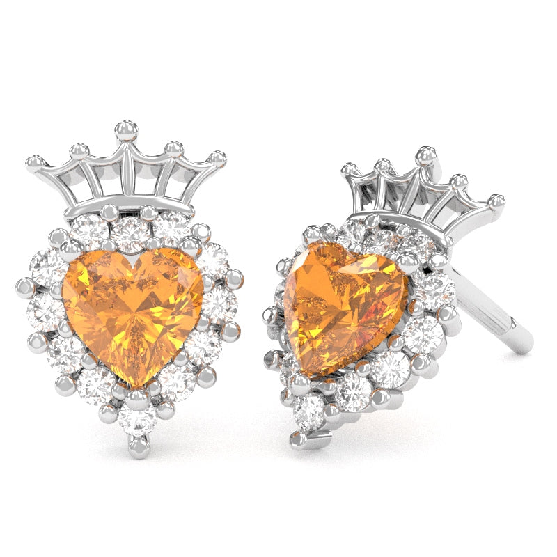 Citrine Diamond Claddagh Motive Stud Earrings in 14k White Gold