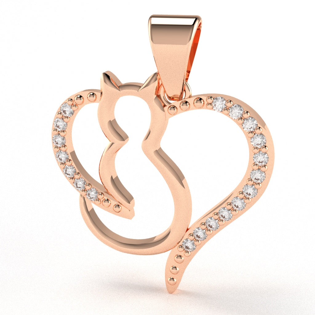 Cat Love Heart Diamond Pendant In Solid 14k Rose Gold
