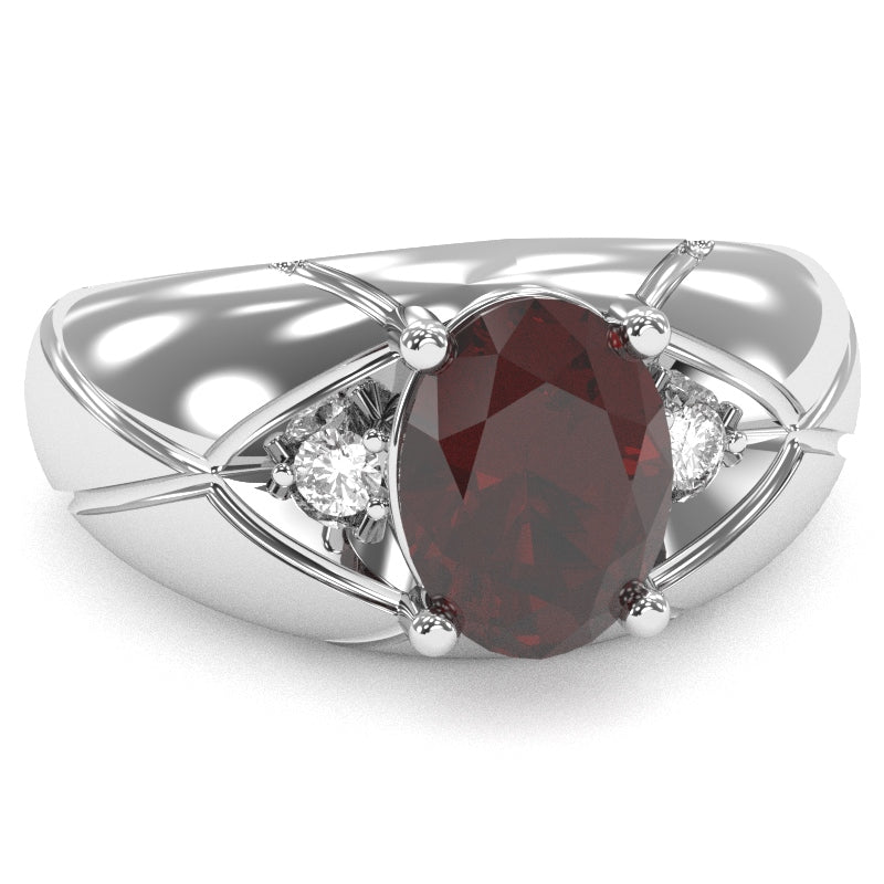 Men's Designer Garnet Diamond Ring In Solid 14k White Gold