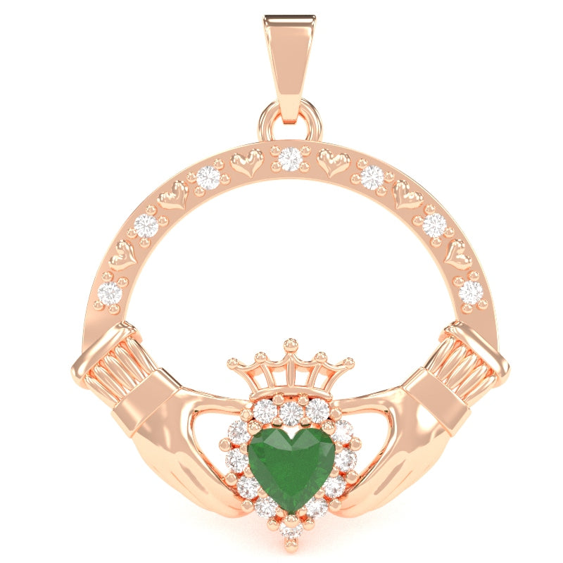Emerald Diamond Claddagh  Pendant in 14k Rose Gold