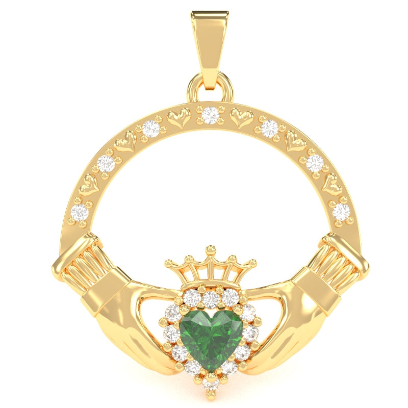 Lab-Created Emerald Diamond Claddagh  Pendant in 14k Yellow Gold