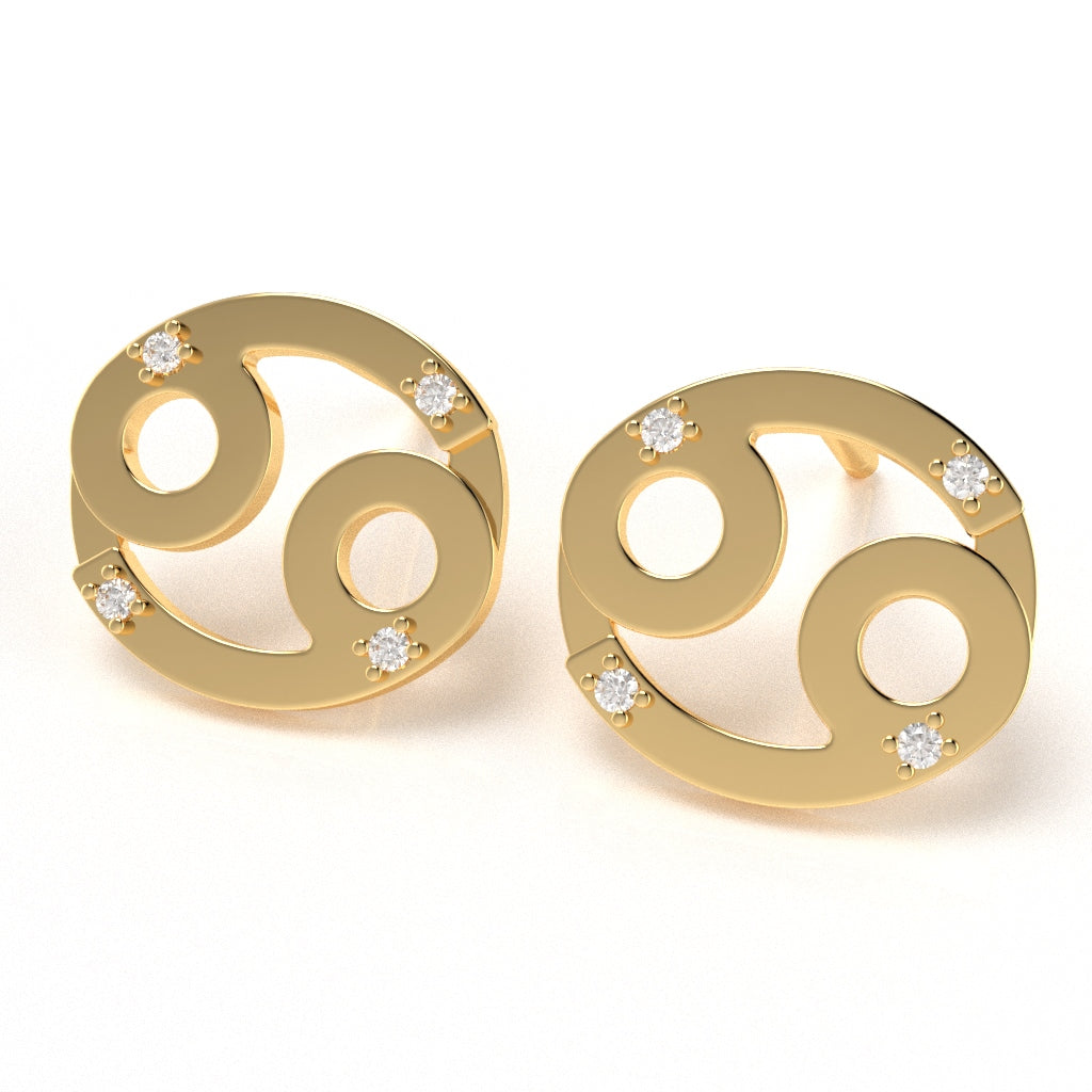 Cancer Zodiac Sign Diamond Stud Earrings In Solid 14k Yellow Gold