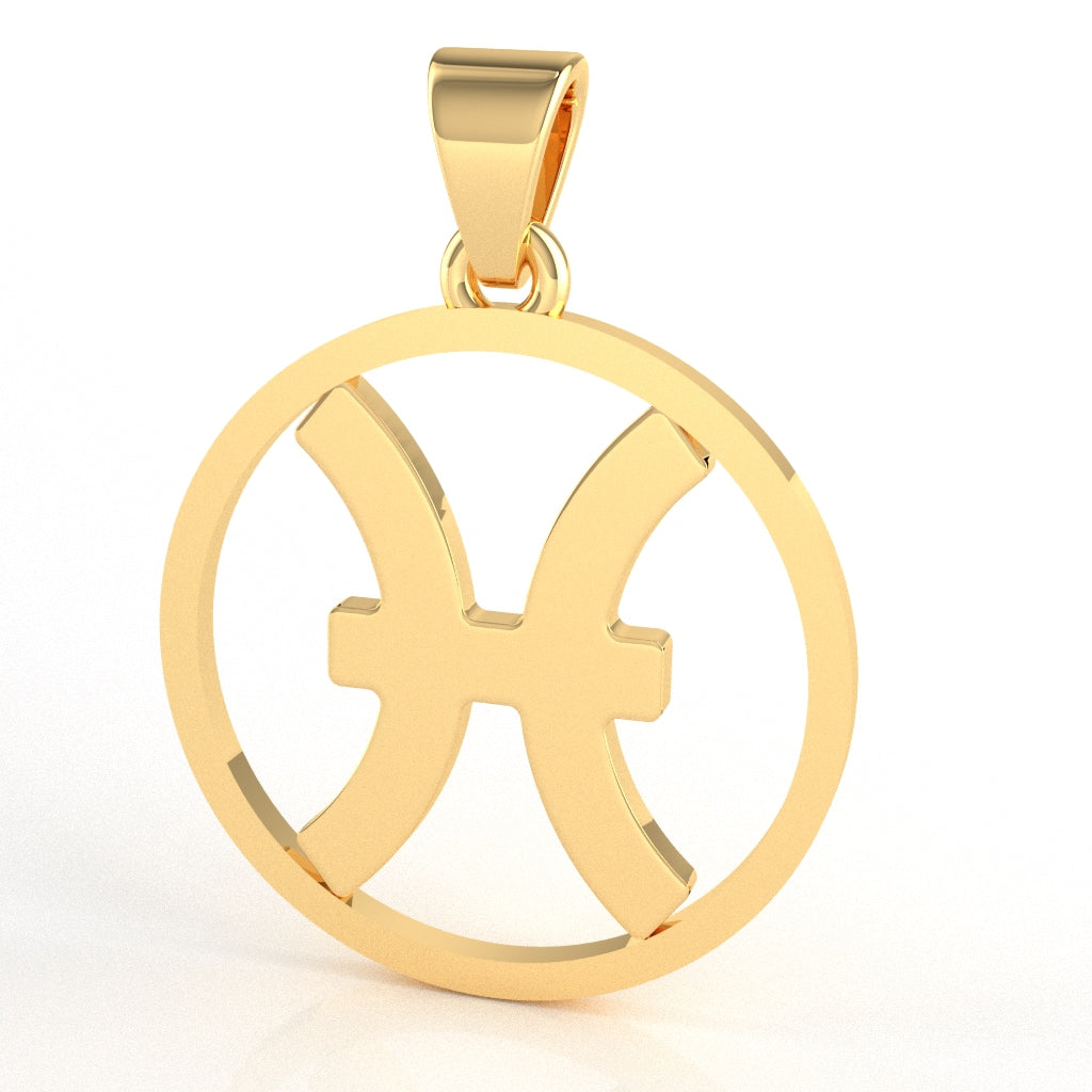 Pisces Zodiac Sign Round Bezel Pendant In Solid 10K Yellow Gold