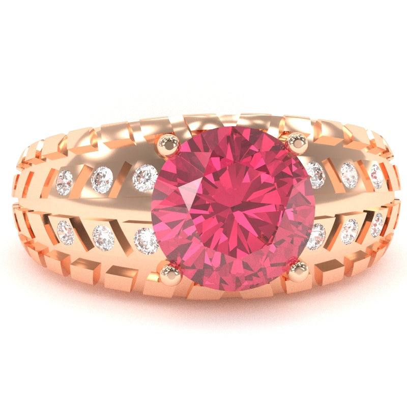 Men's Tire Tread Pink Tourmaline Diamond Ring In Solid 14k Rose Gold