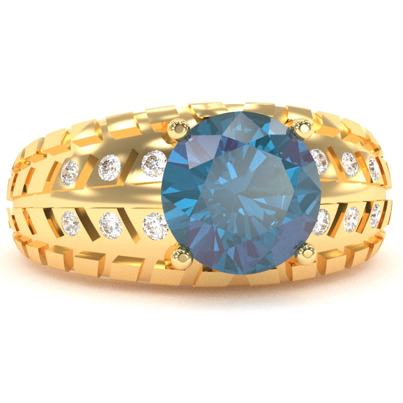 Men's Tire Tread Lab-Created Alexandrite Diamond Ring In Solid 14k Yellow Gold