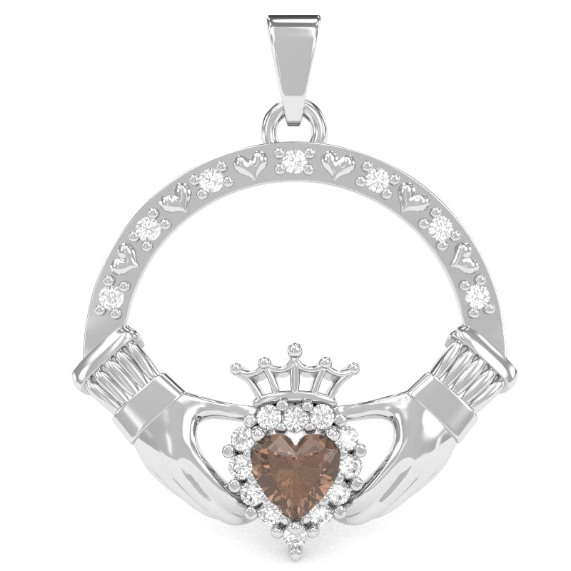 Smoky Quartz Diamond Claddagh  Pendant in 14k White Gold