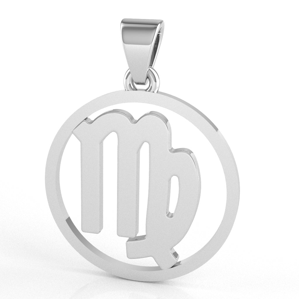 Virgo Zodiac Sign Round Bezel Pendant In Solid 14K White Gold