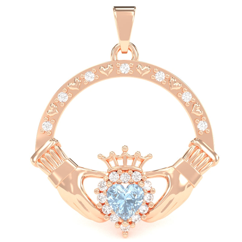 Aquamarine Diamond Claddagh  Pendant in 14k Rose Gold