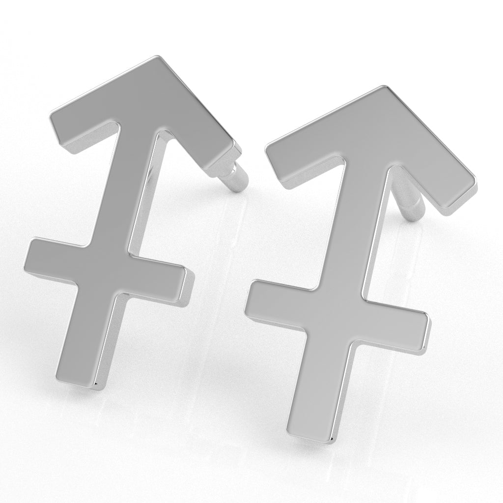 Sagittarius Zodiac Sign Stud Earrings In Solid 10K White Gold