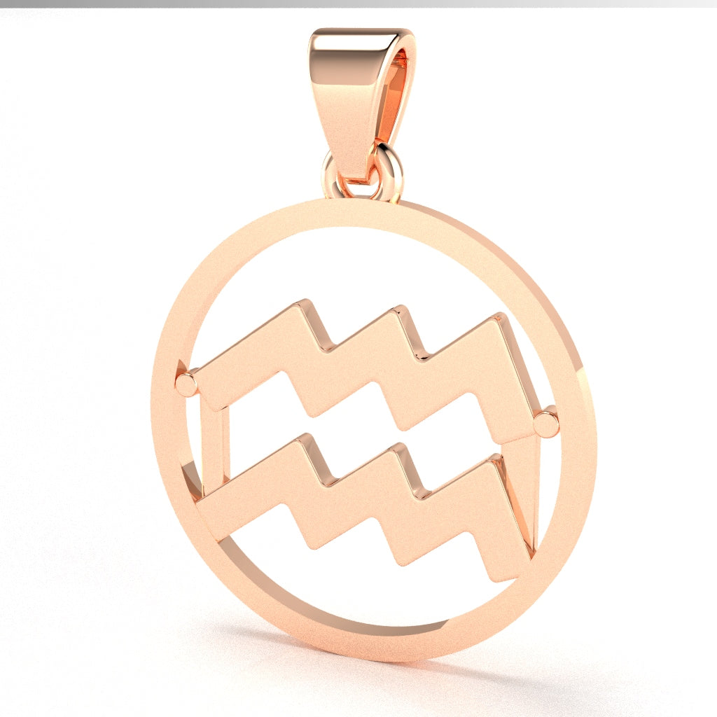 Aquarius Zodiac Sign Round Bezel Pendant In Solid 10K Rose Gold