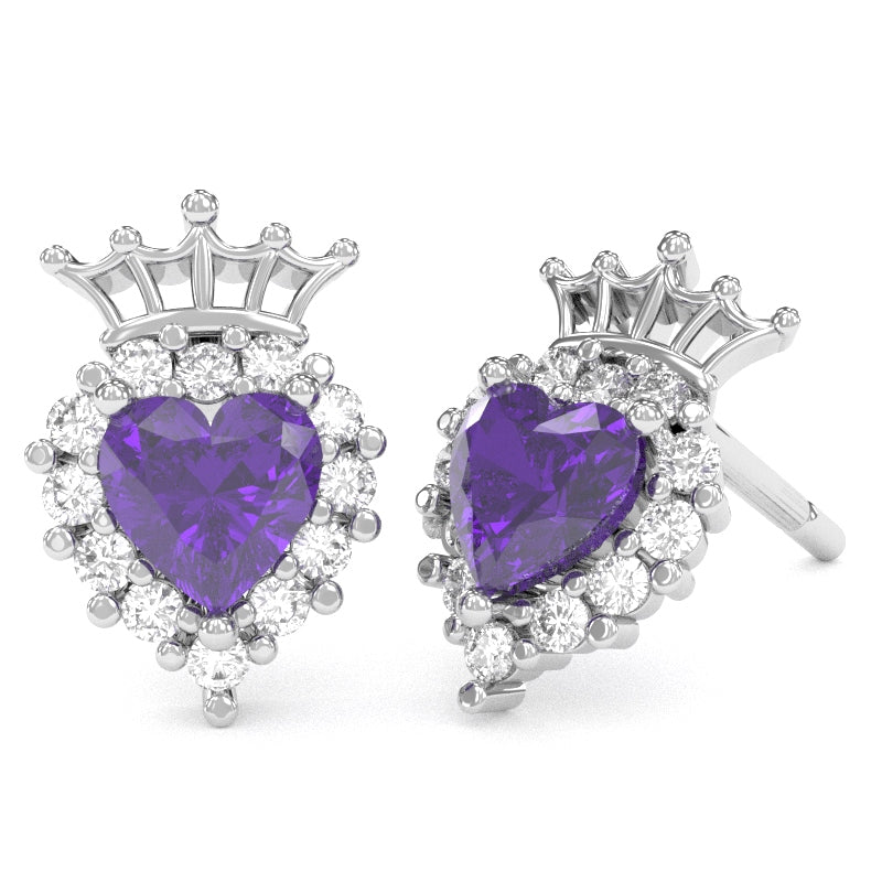Amethyst Diamond Claddagh Motive Stud Earrings in 14k White Gold
