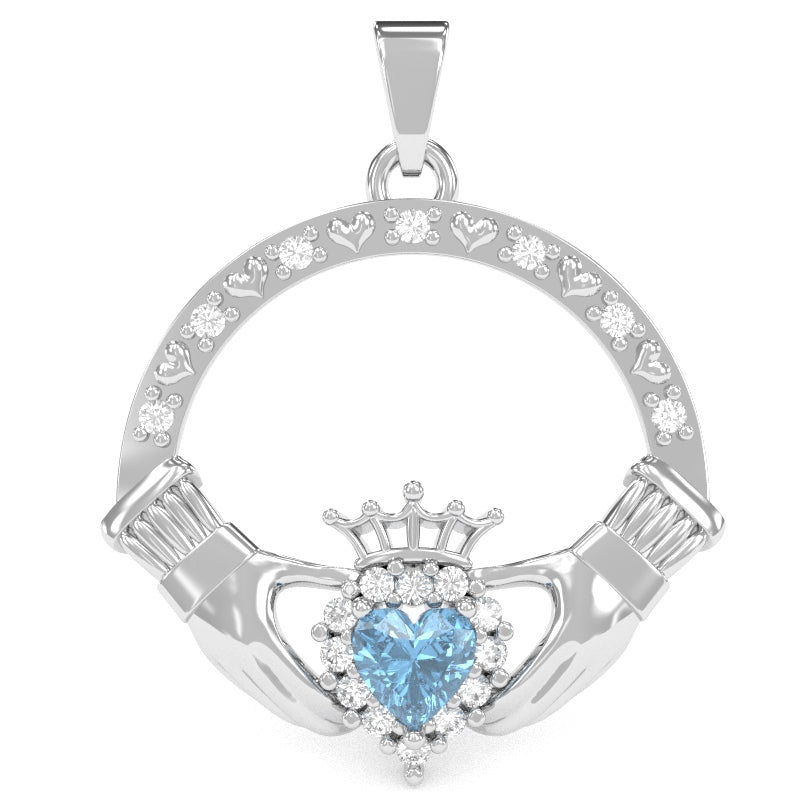 Blue Topaz Diamond Claddagh  Pendant in 14k White Gold