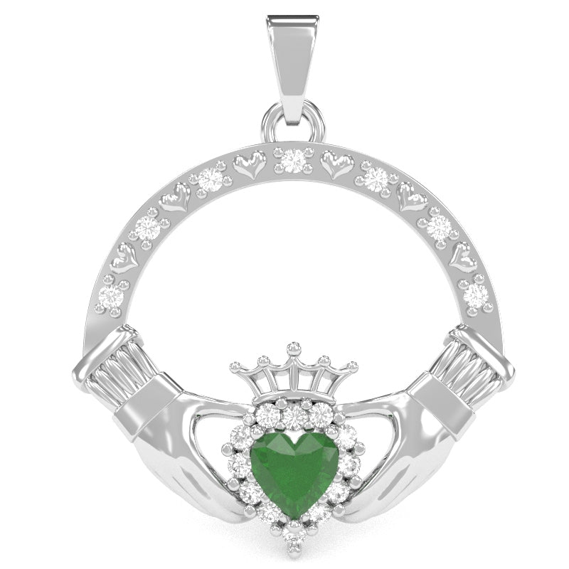 Emerald Diamond Claddagh  Pendant in 14k White Gold