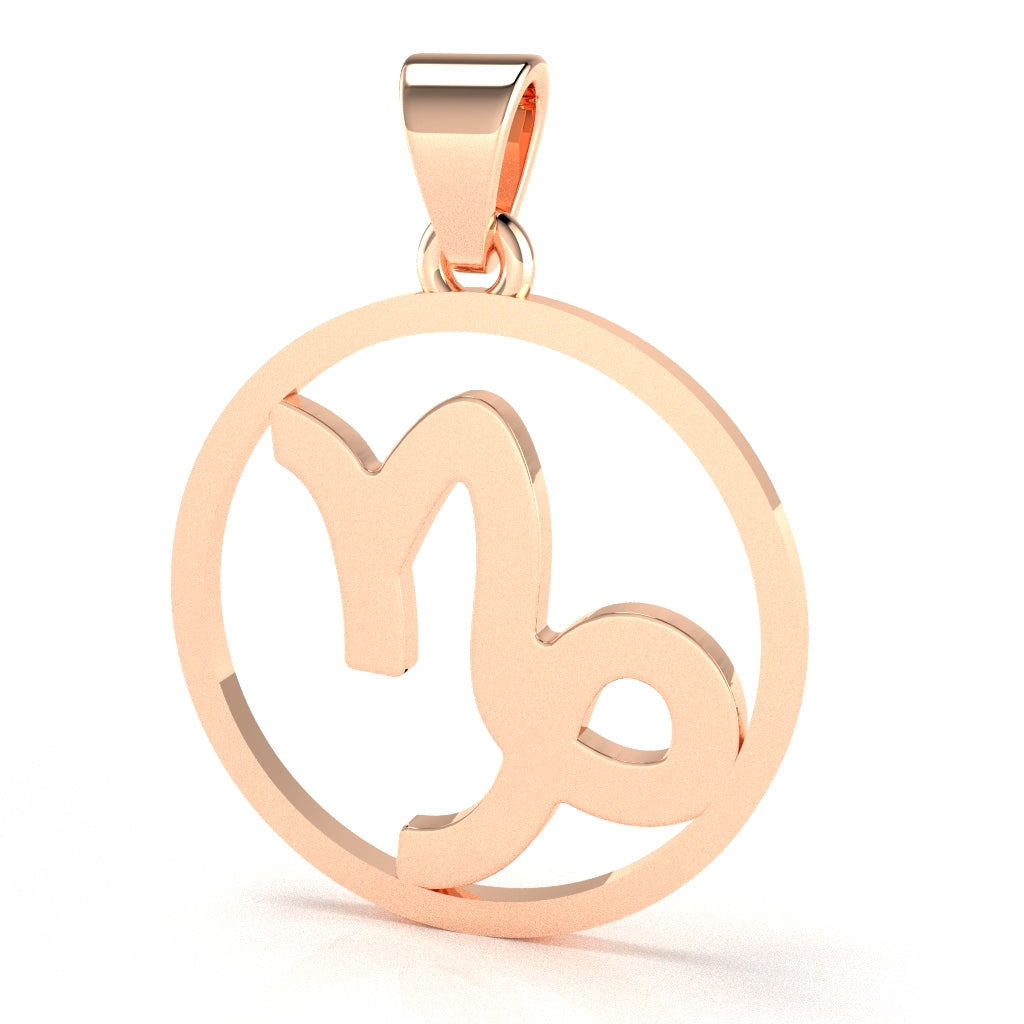 Capricorn Zodiac Sign Round Bezel Pendant In Solid 14K Rose Gold