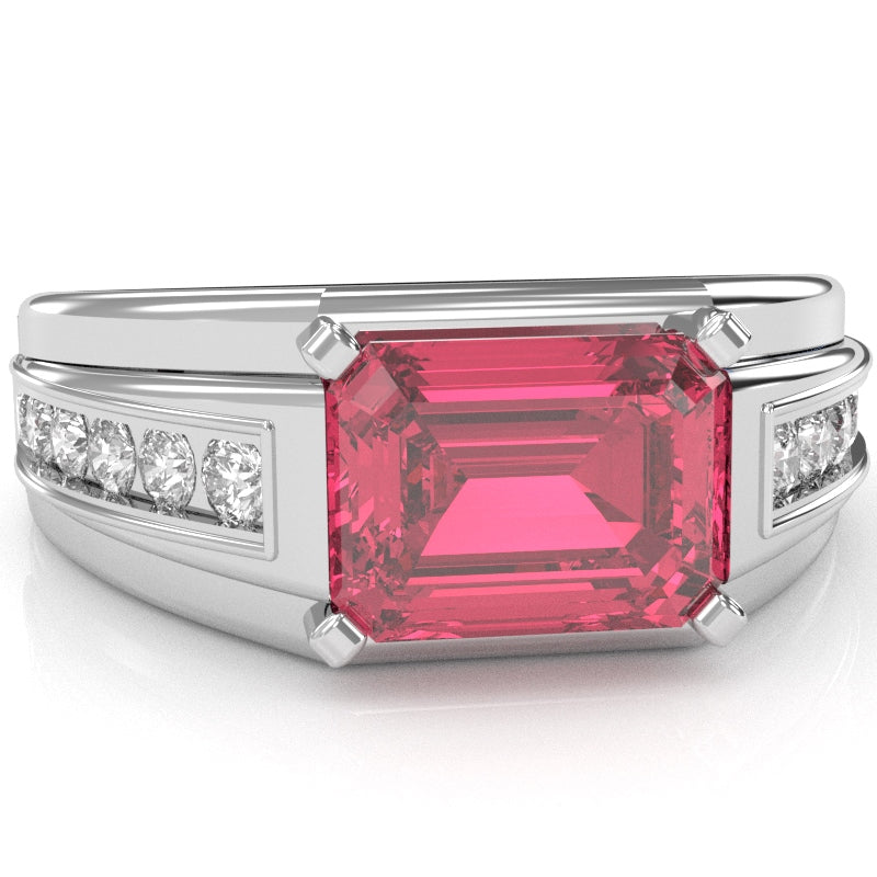 Men's Pink Tourmaline Diamond Channel Ring In Solid 10k White Gold