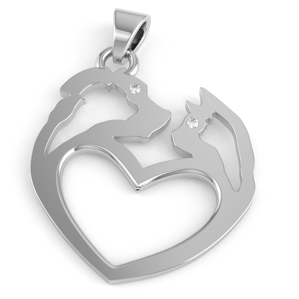 Dog And Cat  Diamond-Heart Pendant In 10k White Gold