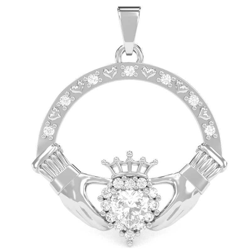 White Topaz Diamond Claddagh  Pendant in 14k White Gold