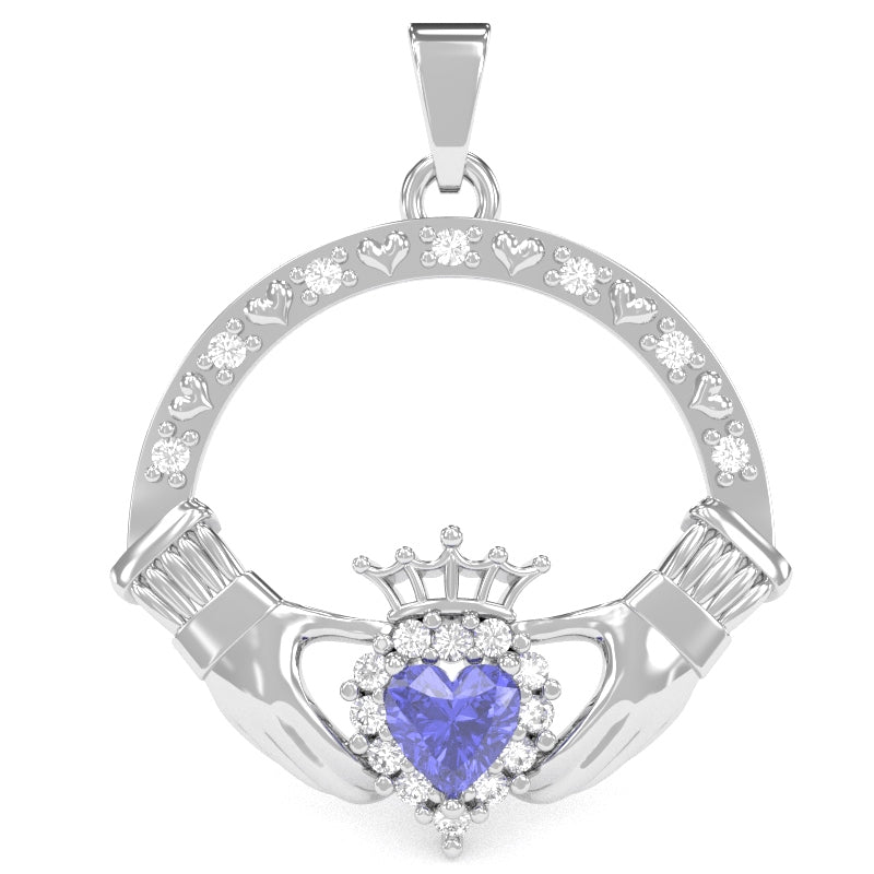 Tanzanite Diamond Claddagh  Pendant in 14k White Gold