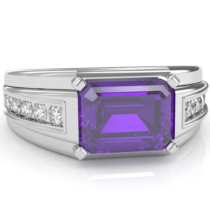 Men's Amethyst Diamond Channel Ring In Solid 10k White Gold
