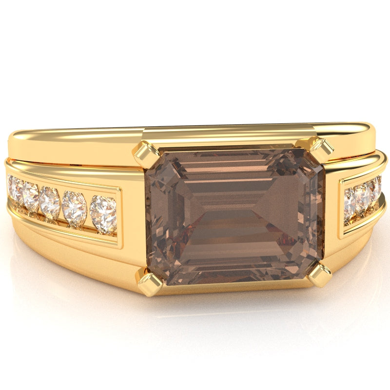 Men's Smoky Quartz Diamond Channel Ring In Solid 10k Yellow Gold