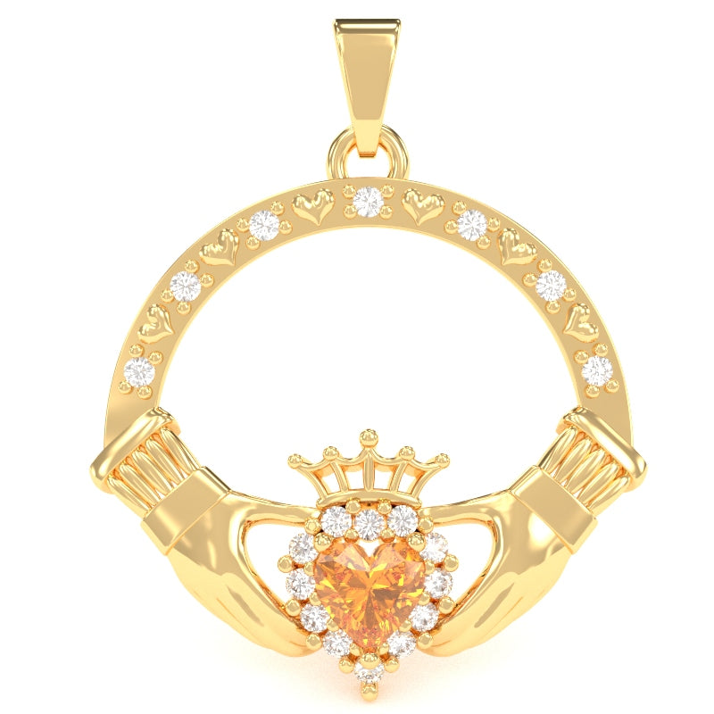 Citrine Diamond Claddagh  Pendant in 14k Yellow Gold