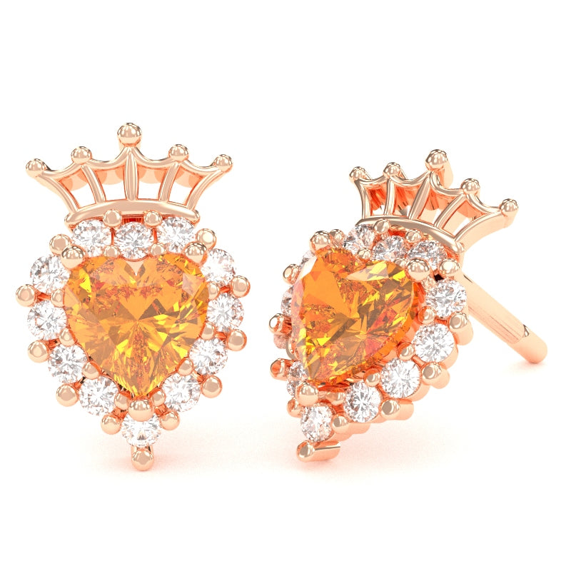 Citrine Diamond Claddagh Motive Stud Earrings in 14k Rose Gold