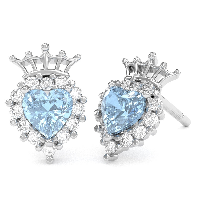 Aquamarine Diamond Claddagh Motive Stud Earrings in 14k White Gold