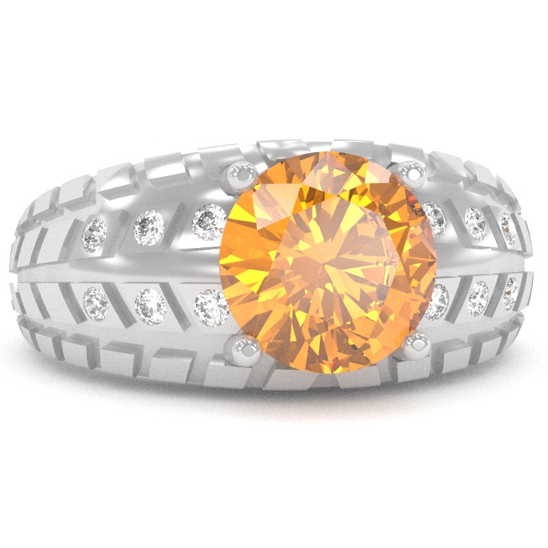 Men's Tire Tread Citrine Diamond Ring In Solid 14k White Gold
