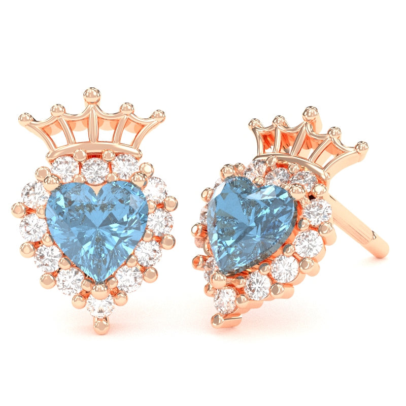 Blue Topaz Diamond Claddagh Motive Stud Earrings in 14k Rose Gold