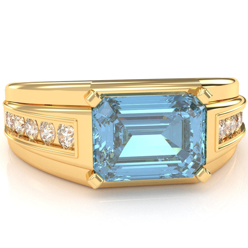 Men's Blue Topaz Diamond Channel Ring In Solid 10k Yellow Gold