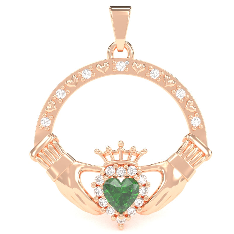 Lab-Created Emerald Diamond Claddagh  Pendant in 14k Rose Gold